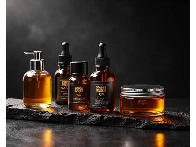 A collection of premium beard oils and balms elegantly displayed on a dark wooden surface, with soft, luxurious lighting.