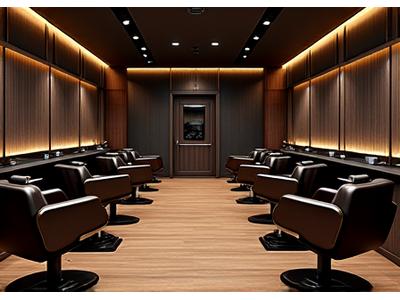 Luxurious and modern barbershop interior with comfortable leather chairs and dim lighting