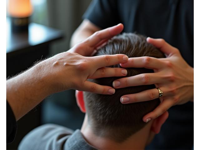 Barber applying a therapeutic scalp treatment to a client